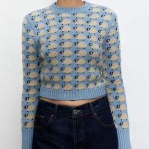 NWOT Zara sheep sweater blue tan S jacquard knit